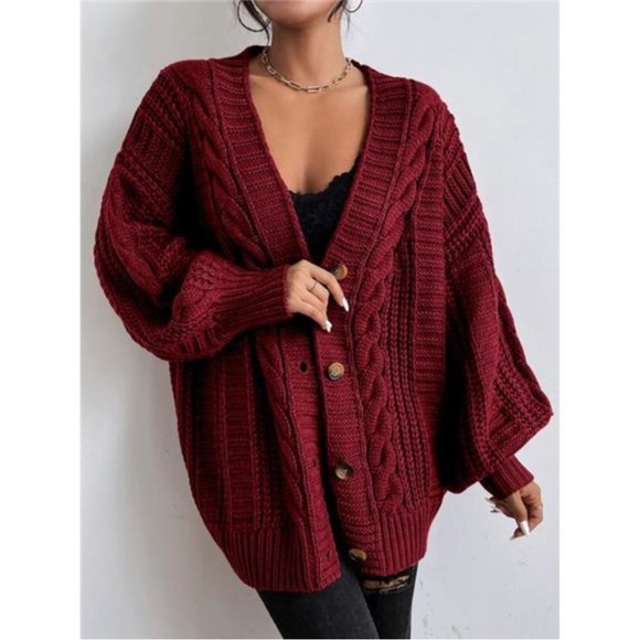 NWT Cable Knit Button Up Cardigan Maroon size L - Picture 4 of 7